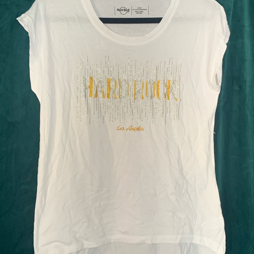 Hard Rock Cafe White and Gold Cap Sleeve Tee with Bedazzled Logo Los Angeles